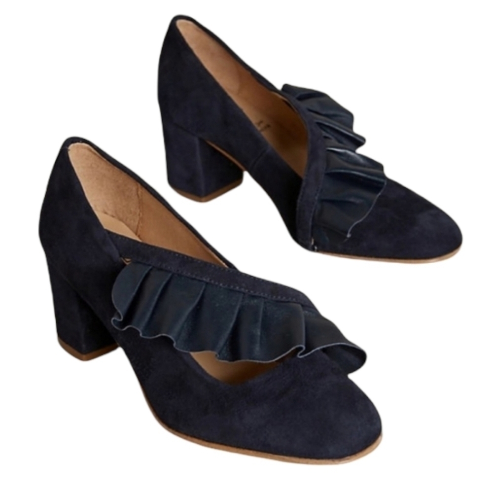 Anthropologie Kmb Navy Blue Suede Ruffle Heels Coquette Romantic Heels - Picture 2 of 11